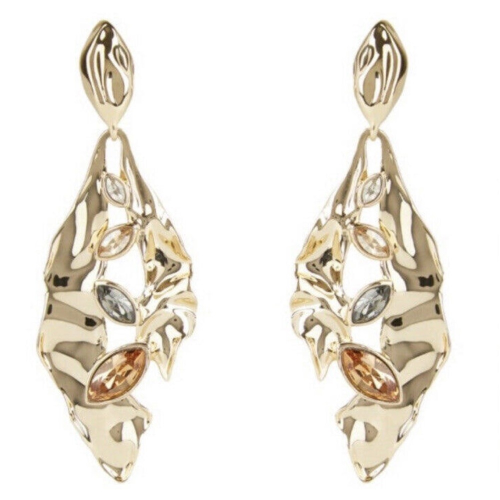 Alexis Bittar Gold Leaf Drop Earrings with Mixed Crystal Accents